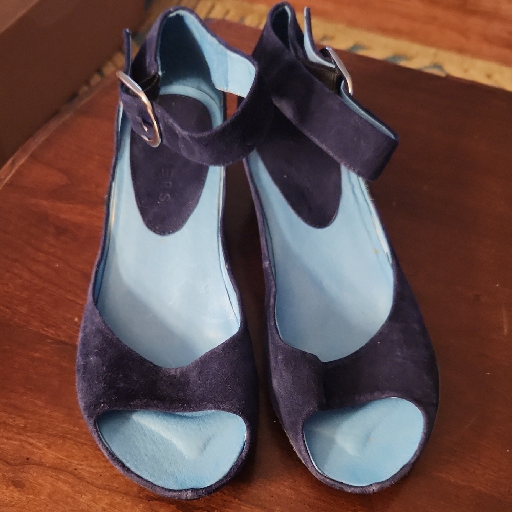 Blue Suede Open-Toe Wedge Sandals with Comfortable Footbed